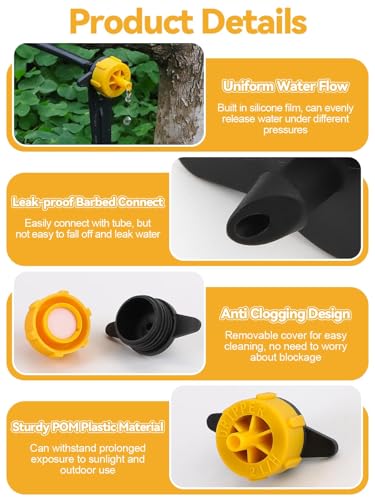 Kalolary 100PCS 1/4" Drip Irrigation Emitters, 1/2 GPH Pressure Compensating Drippers for 4/7mm Tube Micro Sprinkler Garden Constant Water Flow Head for 2L/H Pressure Drip Irrigation Parts (Yellow) - color: 1/2GPH Yellow