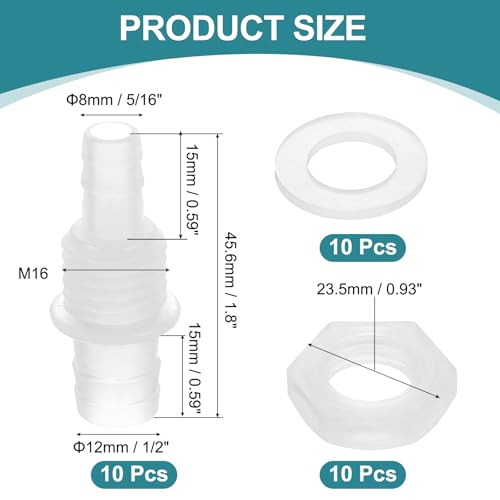 uxcell 10Pcs Plastic Hose Barb Fitting, 5/16" x 1/2" Bulkhead Adapter Union Splicer Mender Pipe Connector with M16 Nut and Washer for Aquarium Air Water Fuel - size: 5/16" x 1/2", M16 Nut