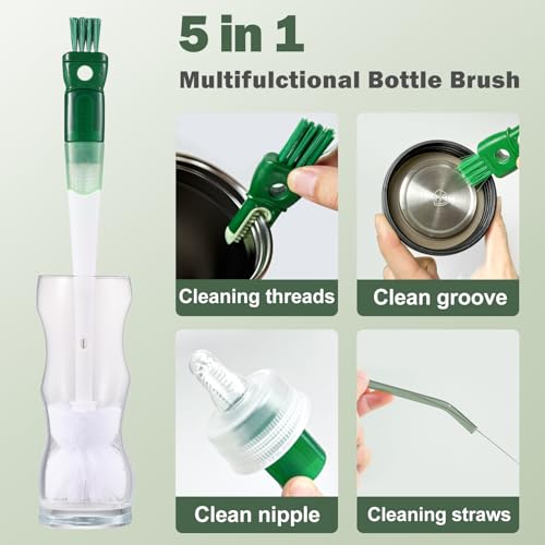 5 Pack Bottle Brush Set, 5 in 1 Water Bottle Cleaning Brush, Long Handle Narrow Wine Cup Cleaner, 3 Straw Brushes for Stanley, Travel Nipple Lid Gap Detail Washer Brush - color: Green