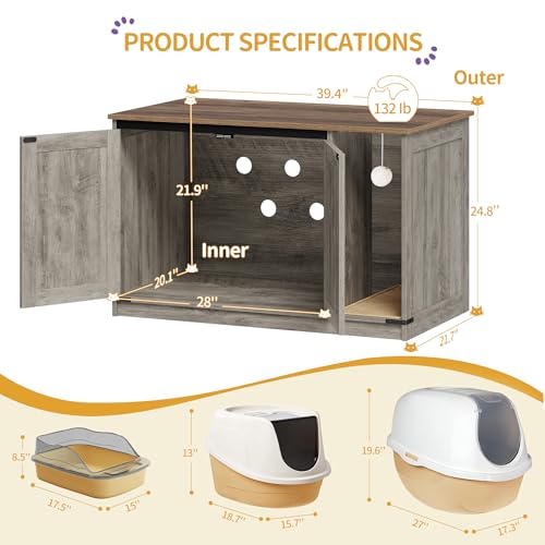Hzuaneri Cat Litter Box Enclosure, Hidden Litter Box Cabinet Furniture with Bell, Indoor Cats House, Farmhouse Style, 39.4 x 21.7X 24.8 Inches, for Hallway, Bedroom, Greige CB85205X - color: Light Ivory and Brown, size: 39.4"L x 21.7"W x 24.8"H