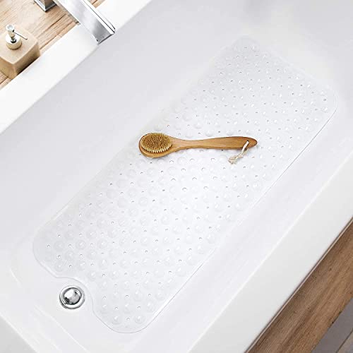 TEESHLY Bath Tub and Shower Mats, Non-Slip 39 x 16 Inch Extra Long Bathtub Mat, Machine Washable BathMat with Drain Holes, Suction Cups for Bathroom (Opaque White) - color: Opaque White