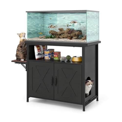 Verano Garden 40-50 Gallon Fish Tank Stand with Hidden Cat Litter Box Enclosure Furniture, Cat Viewing Aquarium Stand with Storage Shelf & Side Cat Perch, 36.2"x20.5" Tabletop, 660 LBS Capacity - color: Black