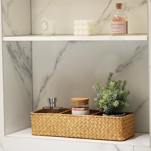 Seagrass Storage Basket 3 Sections Woven Shelf Baskets with Compartment (Natural, 14.6inch x 4.7inch x 3.1inch) - color: Natural 3 Sections without Lid