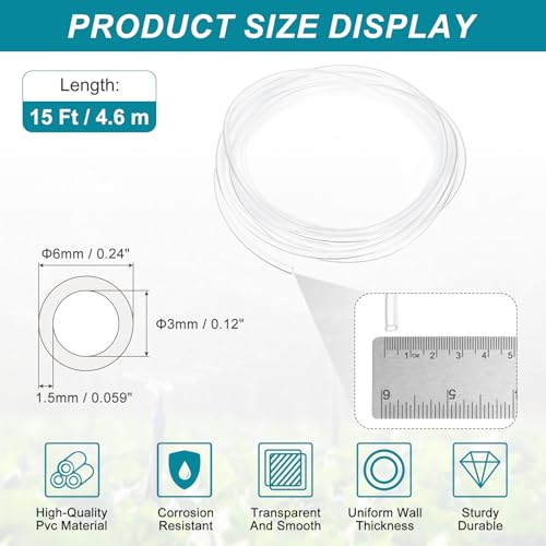 uxcell 1/8 Inch Clear PVC Tubing, 3mm ID x 6mm OD - 15ft PVC Tube Lightweight Vinyl Hose, Transparent Flexible Plastic Water Tubing for Air Oil Water Transfer Aquarium Irrigation - size: 3mm ID x 6mm OD