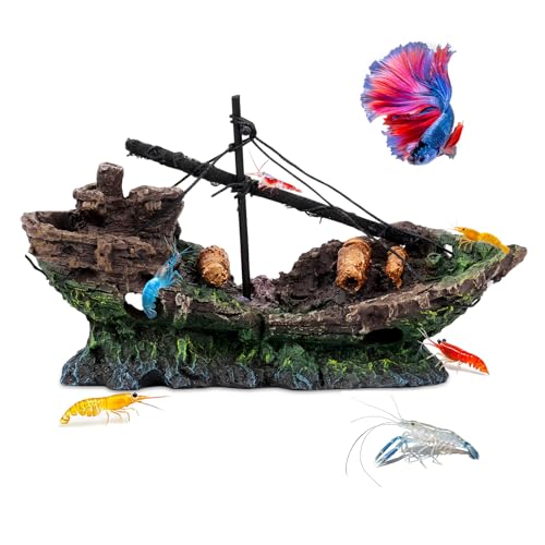 Big Ship Aquarium Decoration Resin - Large Weathered Sunken Shipwreck with Small Hole,Centerpiece for Fish Tank - Approx. 10" L x 4.5" W x 5.3" H(Big Ship) - color: Big Ship