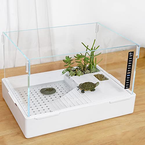 Scratch-Resistant Acrylic Turtle Tank (15.7×11.8×10 Inch) with Water Filter - Durable Reptile Habitat for Aquatic/Terrestrial Pets, Baby Turtles & Fish | Anti-Scratch Clear Terrarium Aquarium Combo - size: Small(Acrylic)