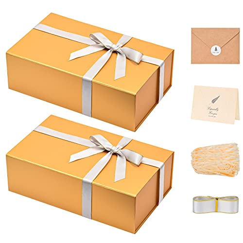 LIFELUM Gift Boxes with Lids,2 Pack 13.85 x 8.35 x 4.45 inch Gold Gift Boxes with Magnetic Lid and Ribbon, Card, Shredded Paper Filler Empty Gift Box for Christmas,Valentine's day,Birthdays - color: Gold, size: 1 count (Pack of 2)