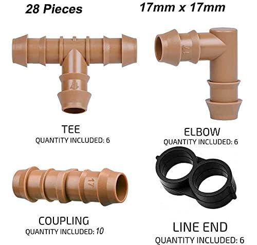 28P Drip Irrigation Fittings Kit (17mm) for 1/2" Tubing (.600" ID), 10 Couplings, 6 Tees, 6 Elbows and 6 Tubing End Closure - Barded Connectors for Drip or Sprinkler Systems(28 Pieces Set) - color: 28pcs-drip irrigation kits