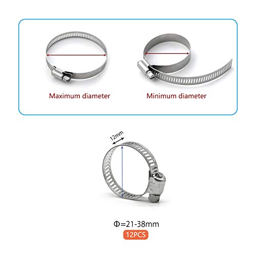 ZIPCCI Hose Clamp, 12 Pack Stainless Steel Worm Gear fuel line hose clamps, 21-38mm (3/4-1-1/2 inch) - size: 21-38mm