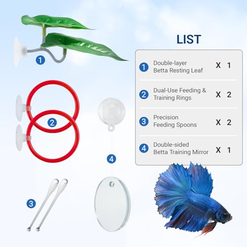 Betta Fish Toy Set: Betta Training Floating Mirror, Training/Feeding Ring, Spoon, and Resting Leaf. Promotes Exercise. Betta Toys, Resting & Feeding Kit(Red) - color: Red