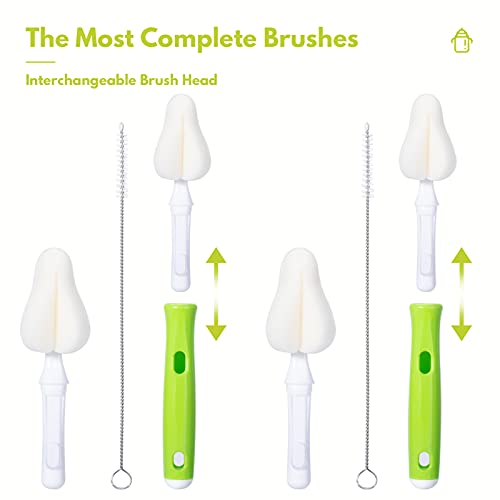 8 Piece Sponge Nipple Bottle Brushes, Baby Bottle Brush with 3 Piece Nipple Cleaner, 3 Piece Replacement Heads and 2 Piece Straw Brushes, Green