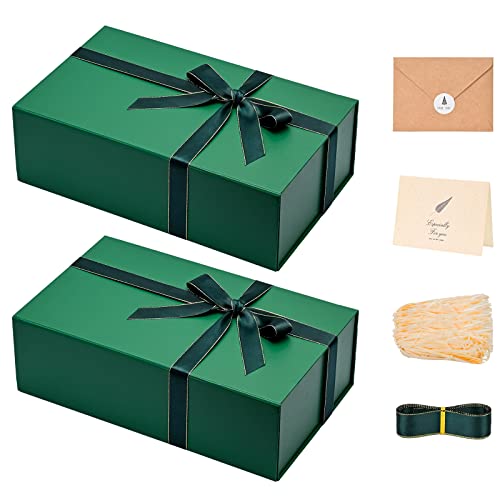 LIFELUM Gift Boxes with Lids 2 Pack 13.85 x 8.35 x 4.45 inch Green Christmas Gift Boxes with Strong Magnetic Lid for Presents with Luxury Accessories Card, Ribbon, Filler,Sticker - color: Dark Green, size: 1 count (Pack of 2)