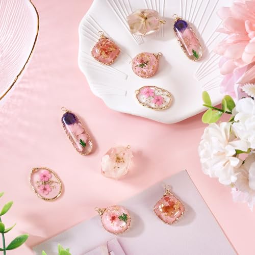 Transparent Flower Resin Charms Round Gold Edge Dried Floral Pendants Flat Round Clear Gold Foil Floral Charms for Necklace Bookmark Keychain Jewelry Making - color: Flower-6