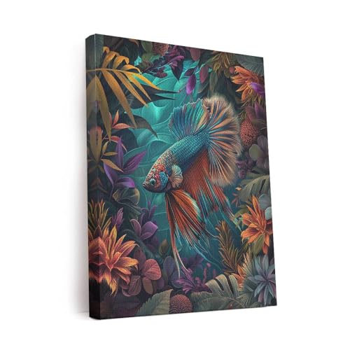 CanvasWis Betta Fish Ornamental Boho Art Design 4 Printed Canvas Wall Art For Family Home Decor Living Room Bathroom Bedroom Gifts Wall Decor Keepsakes Ready to Hang - color: Design 4, size: X-Large(16x24in)