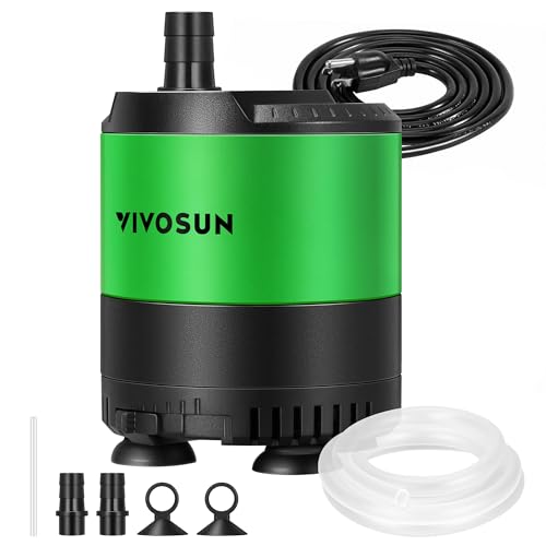 VIVOSUN 210 GPH 10W Submersible Water Pump, with Adjustable Water Flow, 4.9ft Tubing, Additional Ceramic Shaft, and Outlet Adapters, for Fish Tanks, Aquariums, Hydroponics, Fountains - size: 210 GPH