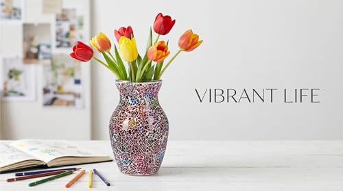 8" Deep Red Rainbow Mosaic Vase, Hand-Pasted Colorful Glass Flower Vase, Vibrant Crackle Art Centerpiece for Modern Home, Office & Creative Decor - color: Deep Red Rainbow