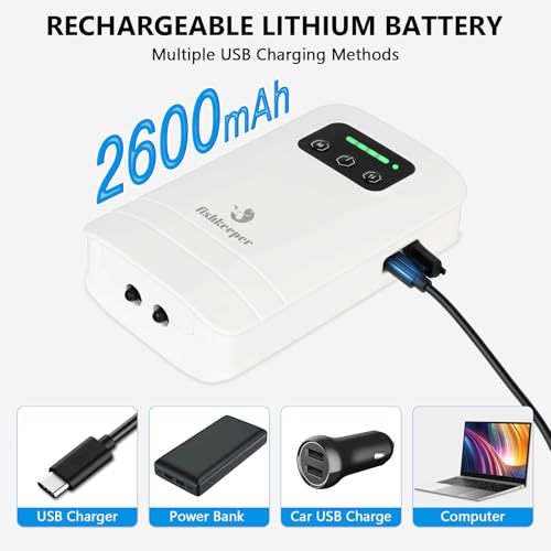 fishkeeper Battery Powered Aquarium Air Pump, USB Rechargeable Aerator Fish Tank Air Pump for 5-125 Gallons Portable Oxygen Pump for Outdoor Fishing, Power Outages and Emergency (4W 80GPH) - size: 4W-2600mAh