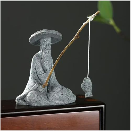 livelyfish Mini Fisherman Statue Asian Zen Decoration Sitting Fishing Figurines Sandstone Vintage Ornament for Aquarium Fish Tank Pot Garden Home Japanese Decor (B2) - color: B2