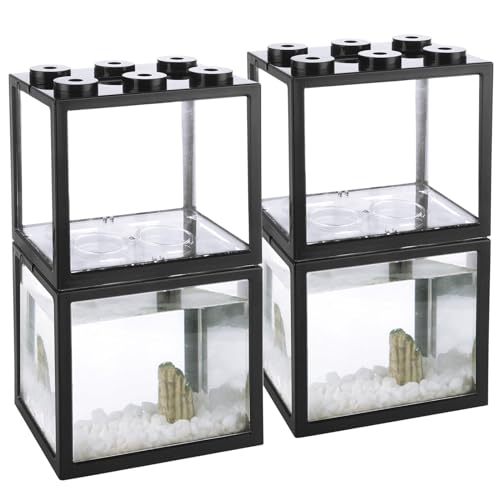 QTLCOHD 4Pcs Small Betta Fish Tank, 0.6 Gallon Stackable Mini Aquarium Tank, Rectangular Fish Bowl for Turtle, Reptile, Shrimp, Crab, Insects, Decoration (Black), Clear - color: black
