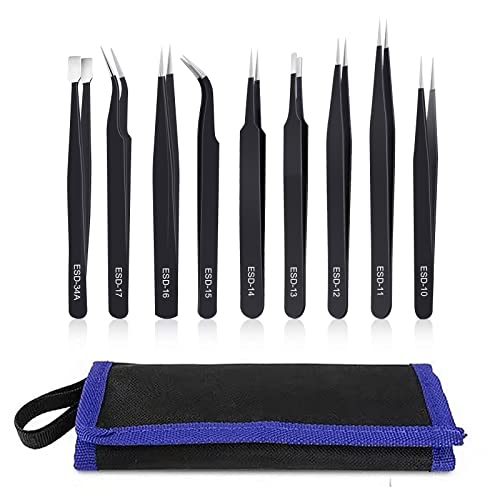 kaverme 9PCS Precision Tweezers Set, Upgraded Anti-Static Stainless Steel of Tweezers, for Electronics, Soldering, Laboratory Work, Jewelry-Making, Model, Craft - style: 9pcs