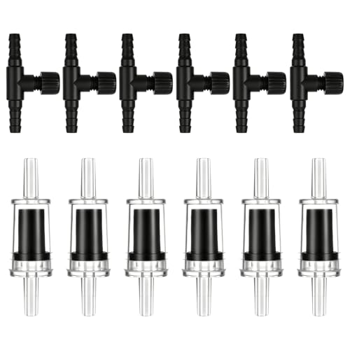 Psyqtsuary Aquarium Air Pump Accessories, 12 Pcs One Way Check Valve Aquarium Plastic Aquarium Air Valve for Fish Tank 3/16" Aquariums Tubing (6 Check Valves +6 Control Valves) (Black)