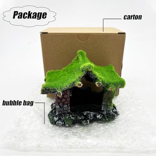 Aquarium Decoration House Resin Hollow Hideout House,Small Betta Fish Hide Accessories Cave Ornament Tank Small Fish Shrimp Hideaway with Moss