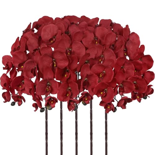 36.6'' Red Orchids Artificial Flowers 10 Large Blooms Fake Phalaenopsis Branches 5PCS Long Stem Faux Silk Orchids for Tall Vase for Home Wedding Party Table Office Decoration (Red) - color: Red