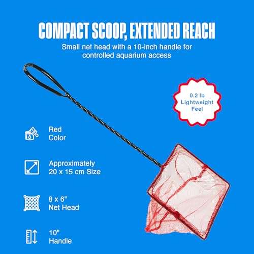 Penn-Plax Quick-Net Aquarium Fish Net - Fine Mesh, Vinyl-Covered Braided Handle - Small Aquarium Cleaning Tool for Gentle Fish Handling - Use in Freshwater & Saltwater Tanks - color: Red, size: 8" Net - 10" Handle
