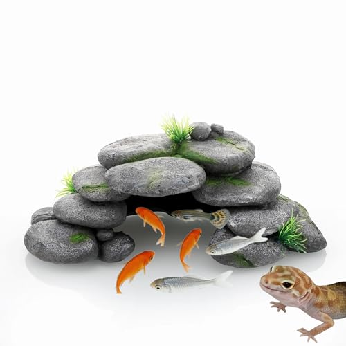 Aquarium Rock Cave House, Natural Looking Rocks | Built with durable materials, these reptile cave shelters work great as aquarium decor. - color: Green-Medium