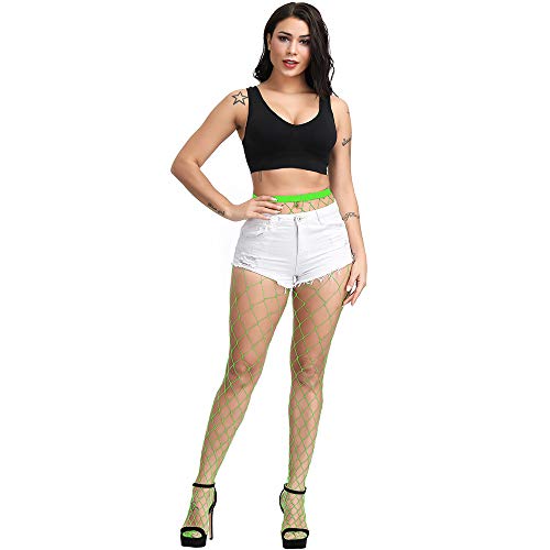 EVERSWE High Waist Fishnet Tights, Thigh High Suspender Stockings - color: Neon Green (Large Grid+medium), size: Large-X-Large