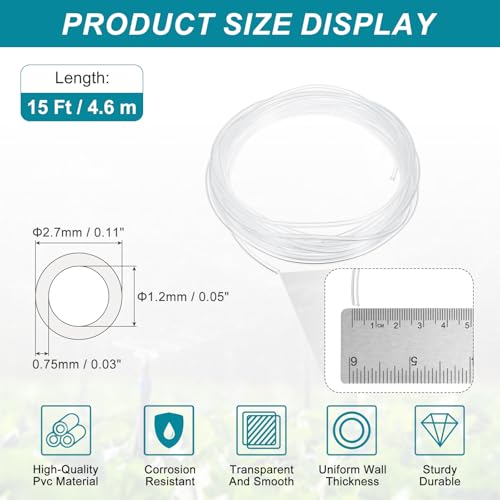 uxcell Clear PVC Tubing, 1.2mm ID x 2.7mm OD - 15ft PVC Tube Lightweight Vinyl Hose, Transparent Flexible Plastic Water Tubing for Air Oil Water Transfer Aquarium Irrigation - size: 1.2mm ID x 2.7mm OD
