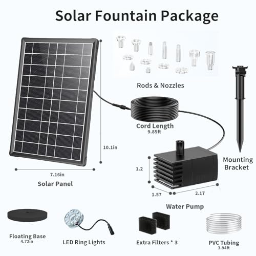 Antfraer 8W Solar Fountain Pump Built-in 3600mAh Battery & LED Lights, Solar Powered Water Pump with Double-Layer Nozzle & 5ft Tubing, Solar Water Fountain For Bird Bath Pond Garden DIY Water Features - size: 8W
