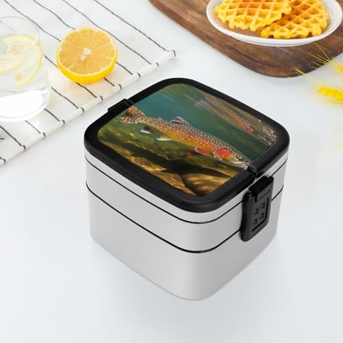 Brook Trout Fly Fishing Lunch Box Snack Containers with Lids, 2 Compartment Snackle Box Container, Leak-Proof Reusable Food Storage Container for Travel, Meal Prep, Camping, 1000ml