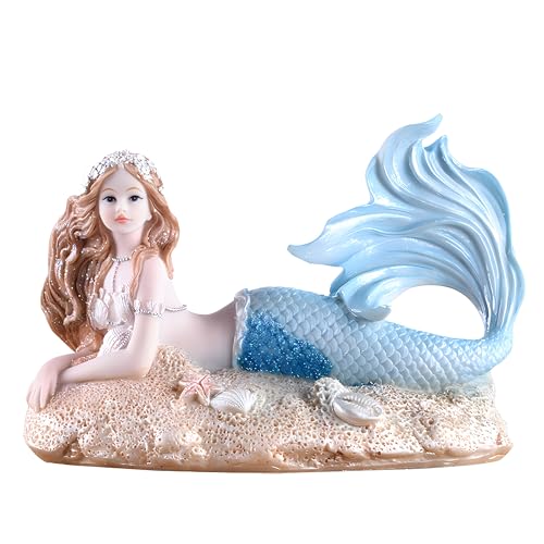 Rayberro 4.33" Mermaid Figurines Resin Blue Mermaid Sculpture Mediterranean Princess Statue Ornaments Home Office Desktop Bookshelf Decor Mermaid Collectible Crafts Fish Tank Aquarium Decoration Gift - color: Blue Beach