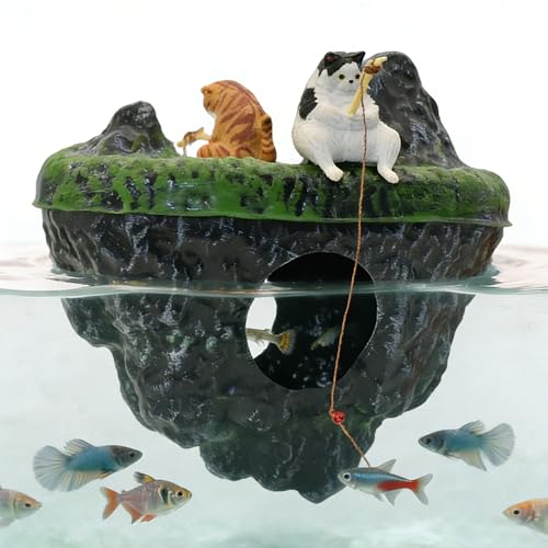 Aquarium Floating Island, Aquarium Decor, Cat Fishing Fun Fish Tank Decorations, Aquarium Cave Fish Hideout for Betta Goldfish Shrimp