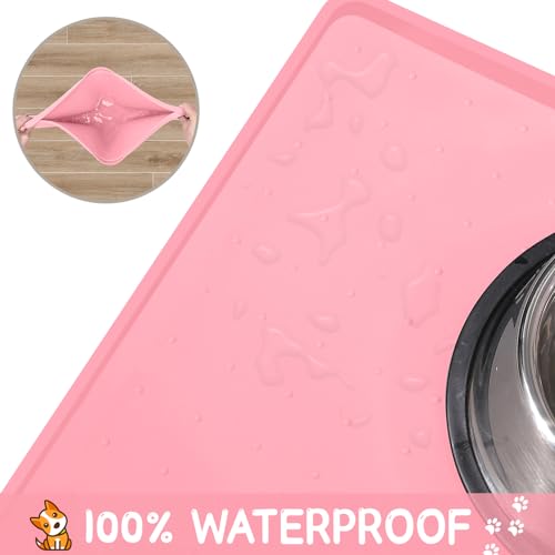 MateeyLife Silicone Cat & Dog Food Mat for Floors Waterproof, Anti-Slip Dog Bowl Mats for Food and Water, Pet Feeding Mats with Lip to Prevent Spills, Pet Placemat for Messy Drinkers to Protect Floors - color: Pink, size: 22''×14''