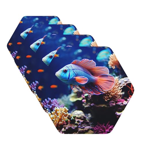 Drink Coasters Set of 4 Leather Coasters for Drinks Coral Reef Fish Aquarium Round Cup Mat Pad Easy Clean Bar Coasters Heat Resistant Funny Cup Coasters for Tabletop Protection,4 Inches - color: Hexagon