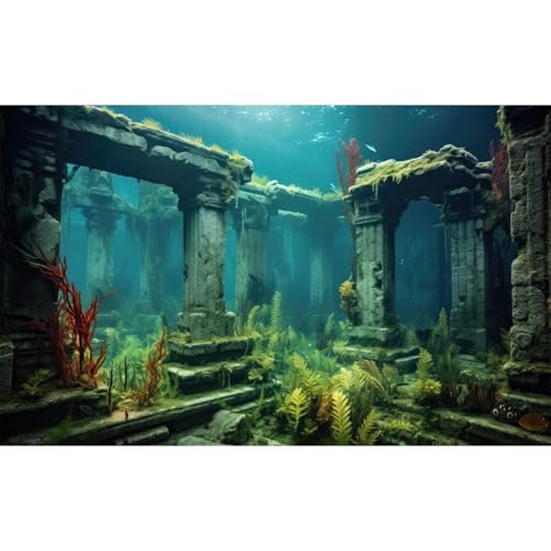 Under The Sea Aquarium Background Sunken Ancient City Ruins Fish Tank Background Lush Aquatic Seagrass Coral Reefs Submerged Structure Terrarium Backgrounds Underwater City Reptile Backgrounds 24x12in - color: Green_Foggy Blue, size: 24(W)x12(H)in