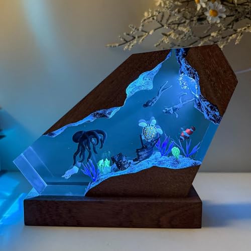 Octopus Ocean Resin Lamp, Handmade Wooden Table Resin Night Light, USB Port Art Ornaments for Home Office Decor, Scuba Diver Gifts for Birthday Holiday, Valentine's Day Gifts for Husband - color: Octopus, size: M