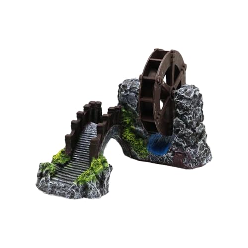 Aquarium Ornament - Water Wheel Bridge Statue, Chinese Potted Plant Simulation Decoration, Fish Tank Accessory, Sturdy Resin Material for Freshwater and Saltwater Tanks 7.09x5.91x4.72 Inches