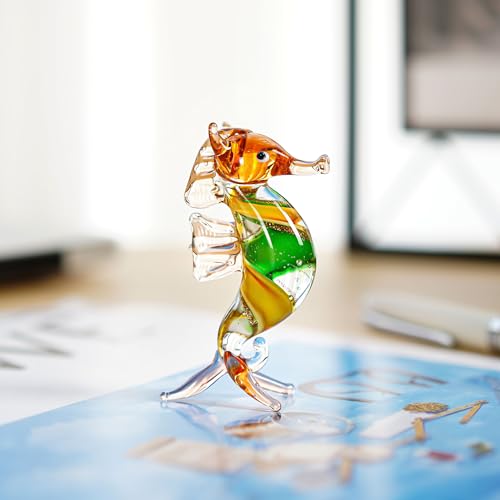 HDCRYSTALGIFTS 3'' Handmade Seahorse Art Glass Blown Miniature Sea Animal Figurine Collectible Gift Ocean Decor - color: Seahorse