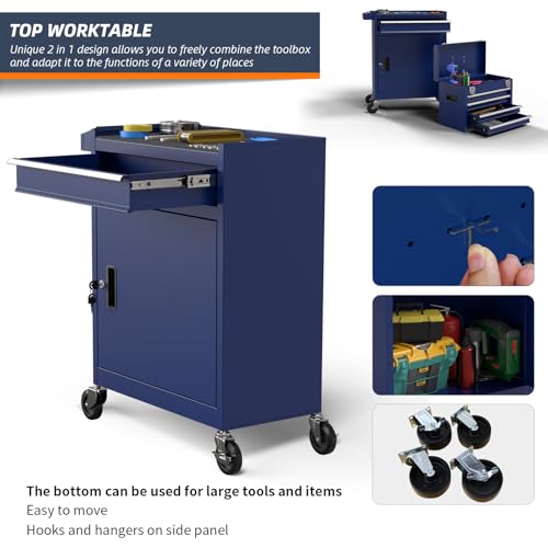 5-Drawer High Capacity Rolling Tool Box, Removable Cabinet Storage Tool Chest with Wheels and Drawers, Detachable Toolbox with Lock for Mechanics Garage Workshop and Tool Room (Blue) - color: Blue