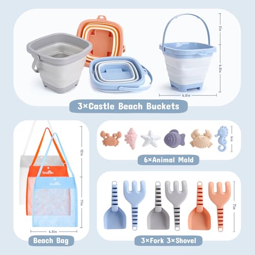 Dreamon 3 Pack Beach Toys Set for Kids 3-10, Collapsible Sand Buckets with Beach Molds and Mesh Bag, Sandbox Travel Toys Beach Vacation Essentials, Camping Gear, Fishing (Blue/Grey/Orange) - color: Blue/Grey/Orange