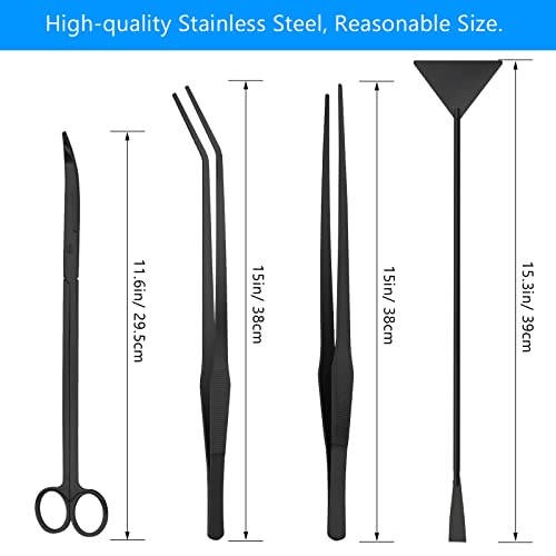 Aquarium Aquascape Tools Kit 15in, 4 in 1 Anti-Rust Aquatic Plant Aquascaping Tool Stainless Steel Tweezer Scissor Spatula for Aquarium Tank Clean Fish Tank Aquascape Accessories Set (black) - color: Black