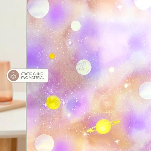 Purple Window Privacy Film Stained Glass Sliding Door Cling Decorative Galaxy Planet Static Tint UV Blocking Non-Adhesive Covering Stickers Cover Decal for Kids Bedroom,17.5x78.7in. - color: Galaxy Purple, size: 17.5''x78.7''