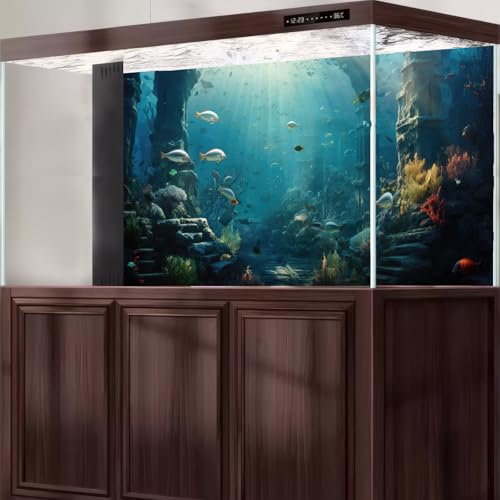 Under The Sea Aquarium Background Underwater Cave Ruins Fish Tank Background Aquatic Seagrass Coral Reefs Sunken Rocky Column Terrarium Backgrounds Underwater City Reptile Tank Backgrounds 24x12in - color: Foggy Blue_Grey, size: 24(W)x12(H)in