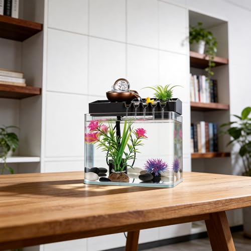 Indoor Water Fountain, 5-in-1 Tabletop Waterfall with Fish Tank & Mist Spray Humidifier, Desktop Fountain for Office Decor, Relaxing Small Water Feature for Bedroom Living Room Home