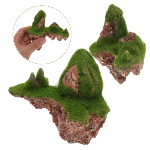 POPETPOP Floating Aquarium Rock Decorations, Set of 2 Suspended Moss Stones for Fish Tank, Avatar Style Floating Island Mountain, Yellow Ethereal Landscape Decor with Suction Cups