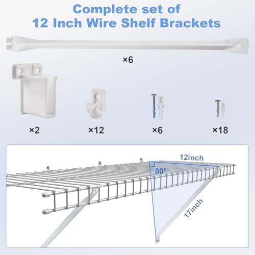 12 Inch Wire Shelf Brackets Set, 6 Pack Metal White Closet Support Bracket with End Brackets & Clips for Wire Shelving Wall Bracket Installation, Support Wire Closet Shelves Racks (6 Pack) - size: 6 Pack