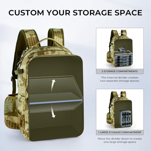 KastKing BaitSpace Fishing Tackle Backpack with Removable Bait Binder,2 Rod Holders Storage Fishing Gear and Equipment - color: D: Khaki Camo(with (4) 3600 Tackle Boxes)